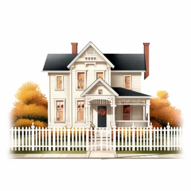 side view of vintage house with white fence and front walkway to a porch, decorated for halloween, quaint and old, children's illustration style, 1930s era, isolated on white background, high resolution clipart