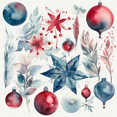 Design a collection of watercolor clipart images featuring elegant Christmas motifs such as snowflakes, stars, and ornaments. The images should have a sophisticated, upscale feel with clear lines and rich, luxurious hues. The clipart should be suitable for use in upscale holiday party invitations and other similar projects