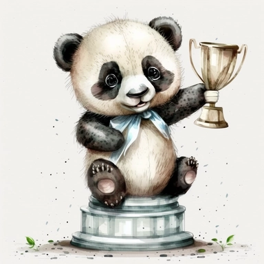 Cute and Happy baby Panda holding a trophy or award, Clipart. watercolor style, white background