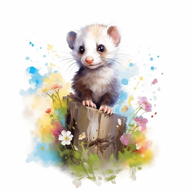 beautiful cute and hapy fantasy baby ferret in nature clipart on a white background, isolated images, illustrations on a white background, artistic painting, watercolor, realistic, isolated, fussy cuts, highly detailed, 32K, hdr, photo expert quality, watercolor realistic, isolated on a white background, highly detailed and hyperrealistic
