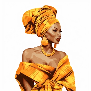 clipart, full body, african american woman wearing african print headwraps and matching earrings, glam, realistic, isolated white background--s 250