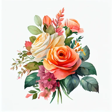 one bouquet arranged roses watercolor clipart, the colors are Apricot Orange and Bubblegum Pink arranged clipart, watercolor, 8k, white blank background