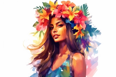 Beautiful hawaiian woman with colorful vibrant tropical flowers, watercolor clipart