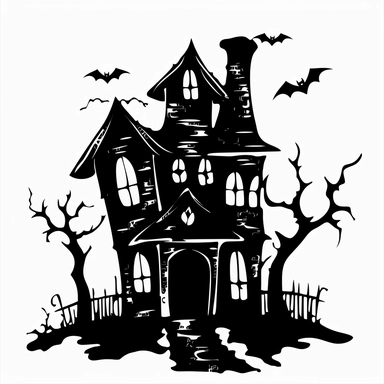 halloween hunted house clipart, black color, white background, minimalistic drawing