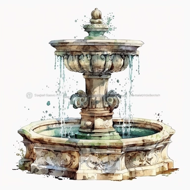 watercolor perfect detailed complicated fontain clipart with white background realistic colors, white background