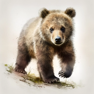 Woodland Animal Clipart Watercolor, Transparent PNGs, cute, lovely, friendly full body furry brown grey baby bear, emotive eyes, intense gaze, looking straight, transparent background, no plants, no grass