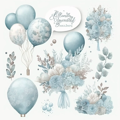 bridal balloons element set with flower boutique watercolor clipart, neutral blue colors, on white background, 8k