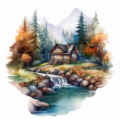 Watercolor Mountain far away, Forest House Near Creek Clipart