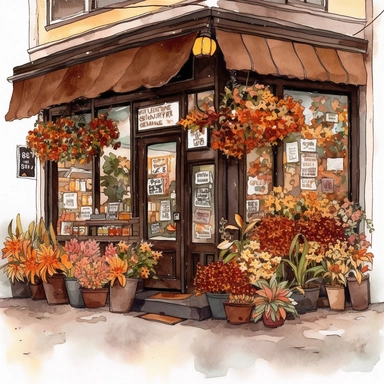 clipart Beautiful tiny Coffee shop, flowers, Fall, starbuks, Aesthetic, artwork, very detaleid, realistic, Brown color, hd, on white background, soft watercolor, spaced out
