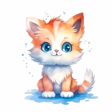 a whimsical cute fluffy baby cat cartoon clipart on white background with margins, watercolor, icon, sticker art