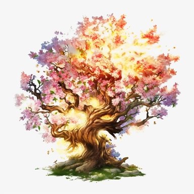 cherry blossom banana oak tree, oak white fire flame, light, golden sun, mighty flowers, pristine, sparkling, white flame, fire light mega epic flowers of epicness, cool and spiky, owning everything, floral art, no background, beautiful, no text, clipart, watercolor