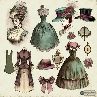 watercolor vintage boutique retro victorian fashion clipart, white background, spaced out, hd--v 5