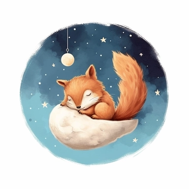 Cute squirrel illustration, realistic adorable squirrel sleeping on a soft moon surrounded by stars, sleepy happy clipart, nursery style clipart, Nursery Animals Art, Kids Wall Art, Kids Room Decor, Baby Room Decor, isolated on white, ultra - detailed, high quality, ghibli style, award winning