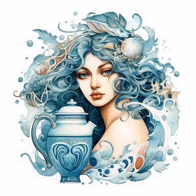 aquarius zodiac sign, holding filigree amphora, symbols, element symbols, goddess women watercolor, boho zodiac sign, clipart, dreamy, epic, powerfull, mystic, white background, detailed, 8k