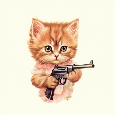 Vintage Hand painted clipart of a pastel kitten with big eyes long eyelashes and rosy cheeks, playful and animated, holding a small pistol gun, in the style of vintage nursery kitsch Lefton, retro midcentury 1950’s, white background, contour