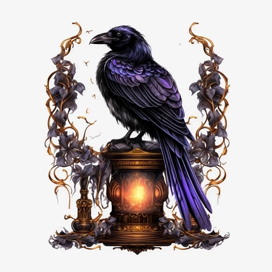 Watercolour dark fantasy black royal gothic deadly nightshade raven stood on dark magic books with deadly nightshade lantern magnificent gothic raven mesmerising compelling features perfect magnificent detailed wings beautiful compelling realistic eyes ultra highly detailed, 18k, sharp focus, bright photo with rich colours digitally enhanced, enhanced graphics, straight, sharp focus, bright lighting, intricate detailed png image ,high definition,300dpi,graphic clipart,computer graphics