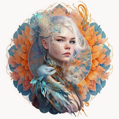 watercolor hyper realistic beautiful young girl with snowy white hair, symbolizing the rebirth of a phoenix rising from the ashes, while the woman's pose and appearance evoke a sense of renewal and new beginnings. The girl is dressed in playful and imaginative Egyptian Pharaoh - inspired couture fashion. Bold and colorful patterns featuring Celestial Filigree, Geode Crystalline, Asymmetrical Splice, Bio - Luminescent Bloom, Origamic Tessellation, and other hieroglyph - inspired designs. clipart 