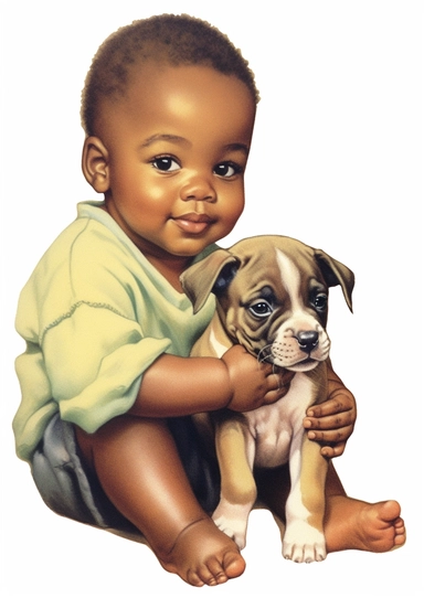 a cute retro vintage African infant baby boy with a puppy. Color pencil sketch, soft baby colors, on a white background for clipart.