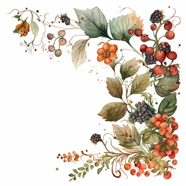 watercolor dusty red floral in the far bottom left corner and far top right coner only, and blackberries in the far bottom left left corner and far up right corner only, clipart, orange, white background, no text