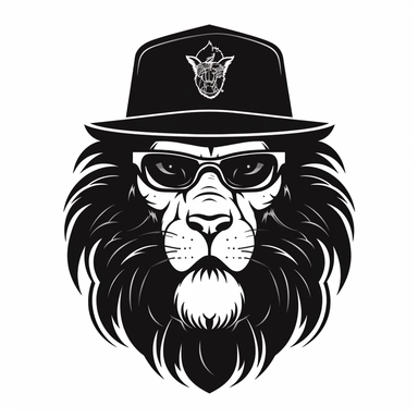 2D Black logo on a white background. Black lion man hybrid with cap and sunglasses Clipart. NO SHADING. KEEP THE LOGO SIMPLIFIED