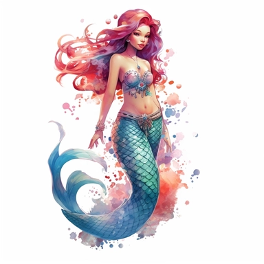 a charming asian mermaid, mermaid fin, full body, artistic interpretations, watercolor, in the style of artgerm, 2d game art, quadratura, clipart, on white blackground,