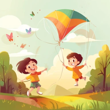 Characters children launching a flying kite, nature background, children's style, 2D, vector, good quality, illustration from the Pixar children's book, vector, cartoon character, hand drawing, clipart