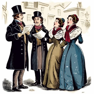 Christmas Carollers in Regency winter clothes singing Christmas carols on a vintage English street, clipart with a white background, minimalist background, clearly defined separate image, high quality, vintage style--ar3:4-no mockups, watermarks, numbers, writing, letters--q2--v5.1--s1000