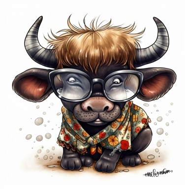 kawaii adorable African buffalo wearing cute glasses, nursery art, clipart image, line art image, white background, inspired by yoshitaka amano art, very detailed, 8k