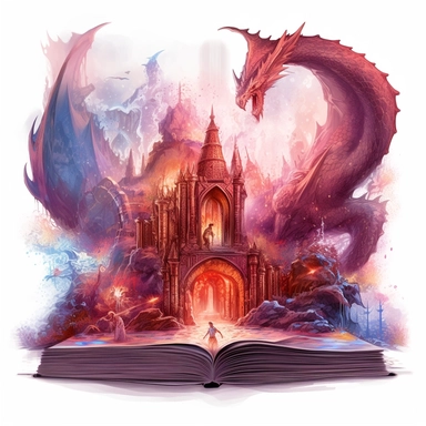 fantasy scene coming out of an open book, elves, orcs, dragons, magical, watercolors, Clipart, pastel red color theme, intricate and detailed