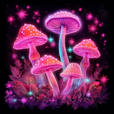 Pink High-Resolution magic Mushrooms, Fantasy clipart, neon lights, roses, lotuses , clear patterns with high colour variation, leafs, hearts, stars shining , light green colour, fancy colours, mushroom grown by queen