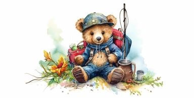 Adorable teddy bear on adventure, camping gear, forest, clipart, vivid colours, ornamental watercolor, white background, I can’t believe how beautiful this is