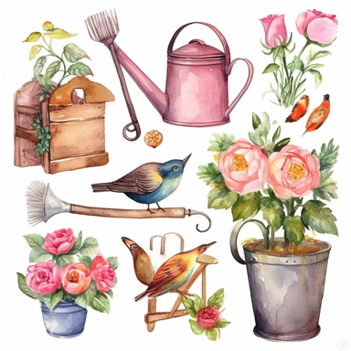 Draw a set of vintage-style, watercolor-style clip art images that feature pink rose in vintage trugs and other garden related objects, Watercolor rose Garden Clipart , Provence floral spring clipart, roses in wall hanging, garden furniture, birds and butterflies around roses, roses in flower pots, Garden tools, single design, include garden decorations with elements such as vintage with worn and weathered surfaces, or gardening tools with intricate designs, vintage - inspired floral patterns.Th