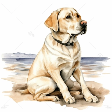 Hand drawn Labrador dog, at the beach, very detailed and realistic, watercolor, white background with margins, clipart style