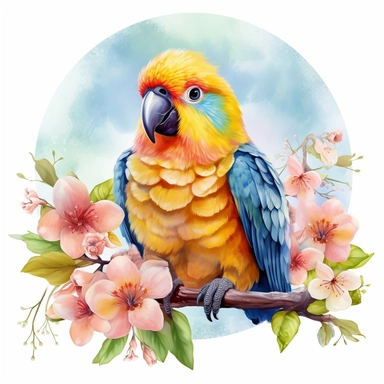 A cute happy parrot sitting proudly on a spring branch, looking off into the camera, with a few spring blossoms and leaves framing the scene, vivid colors, watercolor by Thomas W. Shaller, clipart, solid background, 8k