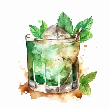 Mint Julep: A classic Southern cocktail made with bourbon, mint leaves, sugar, and crushed ice.watercolor, clipart