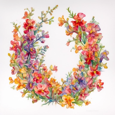 Watercolor Painting of beautiful multi - headed Snapdragon Wreath FLOWERS on white background DETAILED ILUSTRATION, Flora Design Patterns, Flemish Baroque by Rachel Ruysch, Behance, Rococo, Intricate Detailed, Soft Light Effect, Oil Paint Strokes, Light Academia Aesthetic Flowers, Lighting cinematic, all shown shimmering stamens, tyndall light, texture, colorful, 8k, fantasy, ray tracing, vivid, spectacular lighting, octane rendering, highly detailed, ultra - realistic, white background, clipart