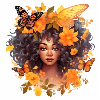 Black Angel Floral Clipart, Skin tone Amber color, curly hair, Hair Above Butterfly And some flowers , rainbow colors design clipart high resolution, white background