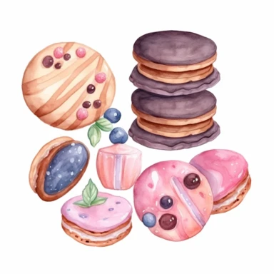 Clipart de galletas de chocolate dulce acuarela. Ilustraciones de galletas de postre pastel. Prediseñadas imprimibles del logotipo de la panadería casera Imágenes prediseñadas de la fiesta de cumpleaños.