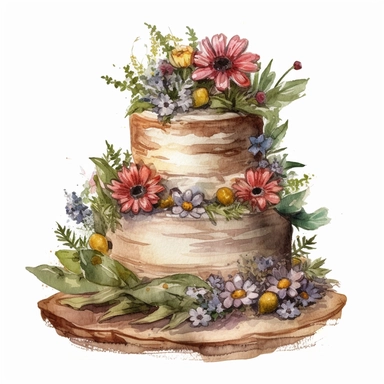 rustic wildflower cake clip art, white background, high res 4k