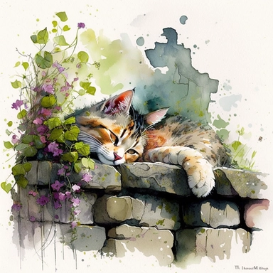 A cat napping on an ancient stone wall, surrounded by climbing ivy and blooming flowers, watercolor by Thomas Kinkade, clipart, solid background.--q 2 niji 5