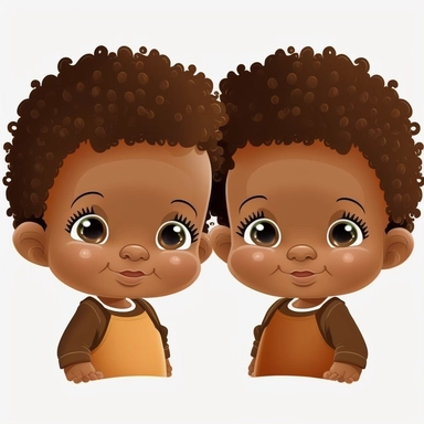 2 adorable and cute fraternal twins, happy or smiling with light brown eyes, animated, biracial baby boys, multiple poses, on white background, clipart