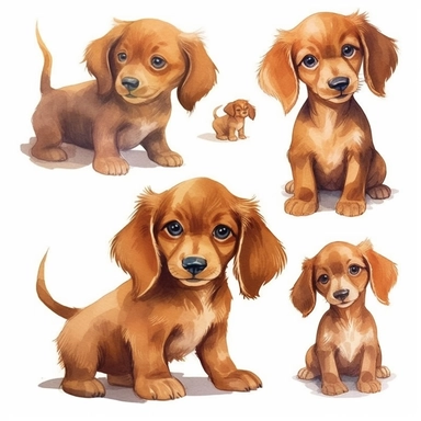 Cute baby Dachshund puppy clipart ,happy expression, standing in dynamic pose, FLUFFY FUR,front view, in the style of watercolor cartoon clipart, kate greenaway style, high resolution, composition free space, pastel color scheme, soft and tender, watercolour clipart, watercolor illlustration for kids and children,isolated white background, clipart most popular on etsy, book illustration, featured on dribble,print on demand image, PNG tranparent background,composition medium shot,FULL BODY, no te