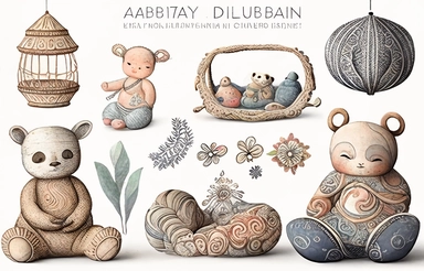 boho, nursery items, baby toys, watercolor clipart, zen meditation Buddhist style, intricately detailed, very clean and detained images