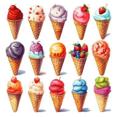 Clipart set of different colorful ice cream, perfect shapes, white background, no layout, text, frames, signatures, watermarks