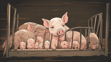 pig cartoon clipart image farm pig with cute baby pigs inside the crib, in the style of shige's visual aesthetic style, thin steel forms, animated gifs, intersecting lines, angura kei, accumulative process, blown-off-roof perspective @244056136222165065168111103180011115097000192143@