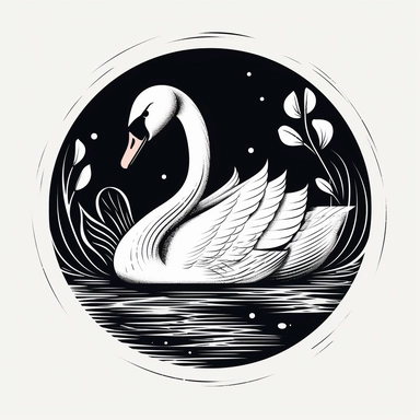 Create a simple and elegant swan clipart using a minimalistic style. Use a black and white color palette to create a classic, timeless design. Focus on capturing the basic shape and form of the swan with a few bold, clean lines. Use a fine-tip pen or a digital drawing tool to create precise, well-defined lines. Shoot the composition from a slightly overhead angle to capture the elegant curve of the swan's neck.