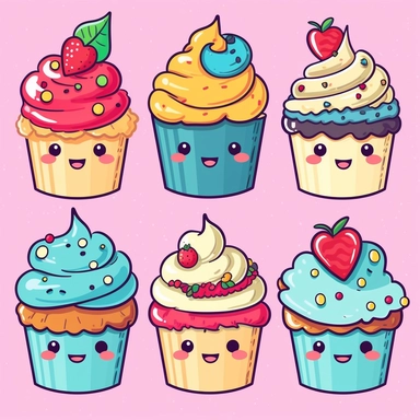 Cheerful cupcake clipart in the style of hikari shimoda, showcasing delicious cupcakes with colorful icing and fun decorations, perfect for birthday parties and celebrations