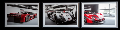 A gallery with multiple images of motorsport cars inside beautiful picture frames on the wall. The images in those frams have to be clip art style. The images are high quality and different, and the gallery is modern and luxurious.