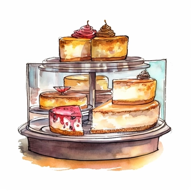 watercolor, hand drawn cheesecake in a bakery case clipart, hd, white background, spaced out--ar 3:2