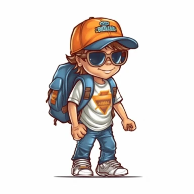 Sunglasses and a cap, a young kindergarten child striking a confident pose with a backpack, vector style graphic, positive vibe, clipart, single design, white background